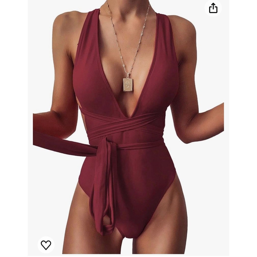 NWT Cupshe One Piece Swimsuit Plunge Neck Halter Wrap Resortwear Burgundy Large